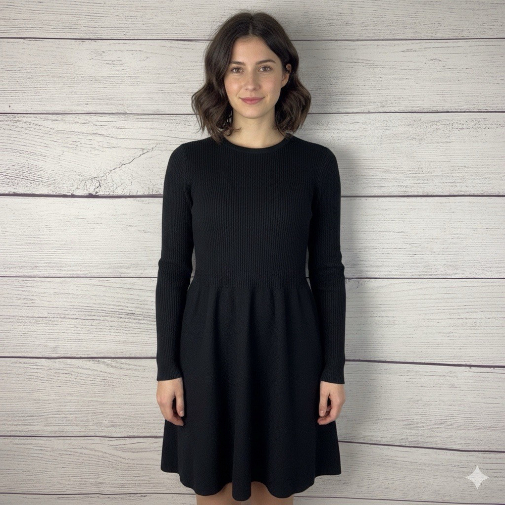 Boden Black Wool Blend Knit Fit & Flare Dress Sz 12 Long Sleeve Back Button Rib - Picture 2 of 9